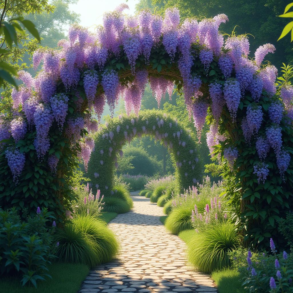 A serene garden scene with a wisteria arch in full bloom, surrounded by lush greenery and various flowers, creating a tranquil and inviting atmosphere