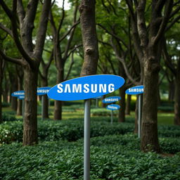 A park decorated with trees that have signs featuring the Samsung brand