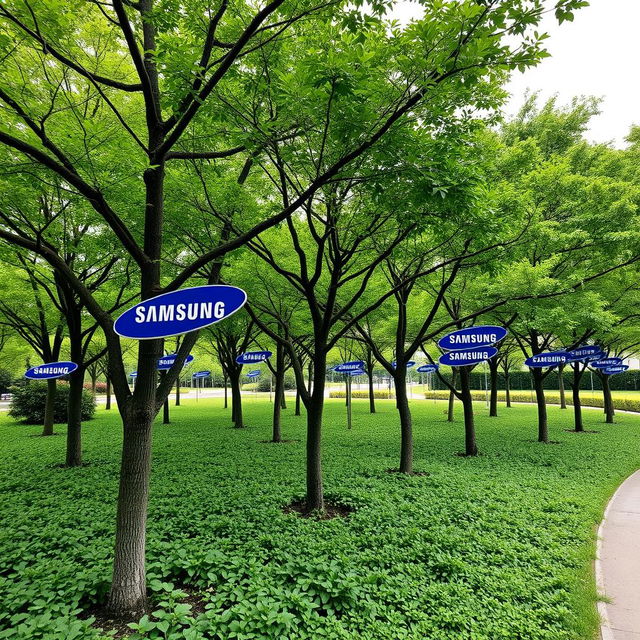 A park decorated with trees, each featuring a single sign displaying the Samsung brand