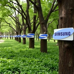 A park decorated with trees, each featuring a single sign displaying the Samsung brand