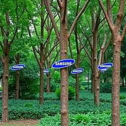 A park decorated with trees, each featuring a single sign displaying the Samsung brand