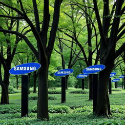 A park decorated with trees, each featuring a single sign displaying the Samsung brand