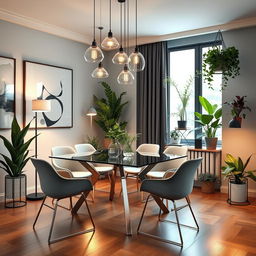 A modern apartment corner featuring a redesigned dining area with added plants and lamps