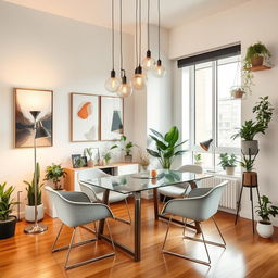 A modern apartment corner featuring a redesigned dining area with added plants and lamps