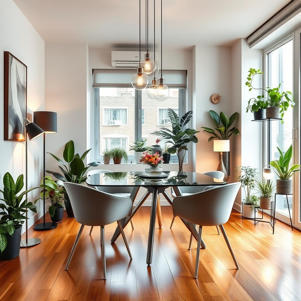 A modern apartment corner featuring a redesigned dining area with added plants and lamps