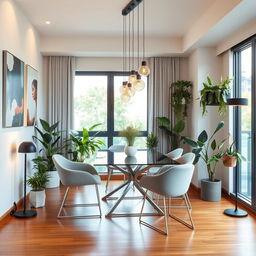 A modern apartment corner featuring a redesigned dining area with added plants and lamps