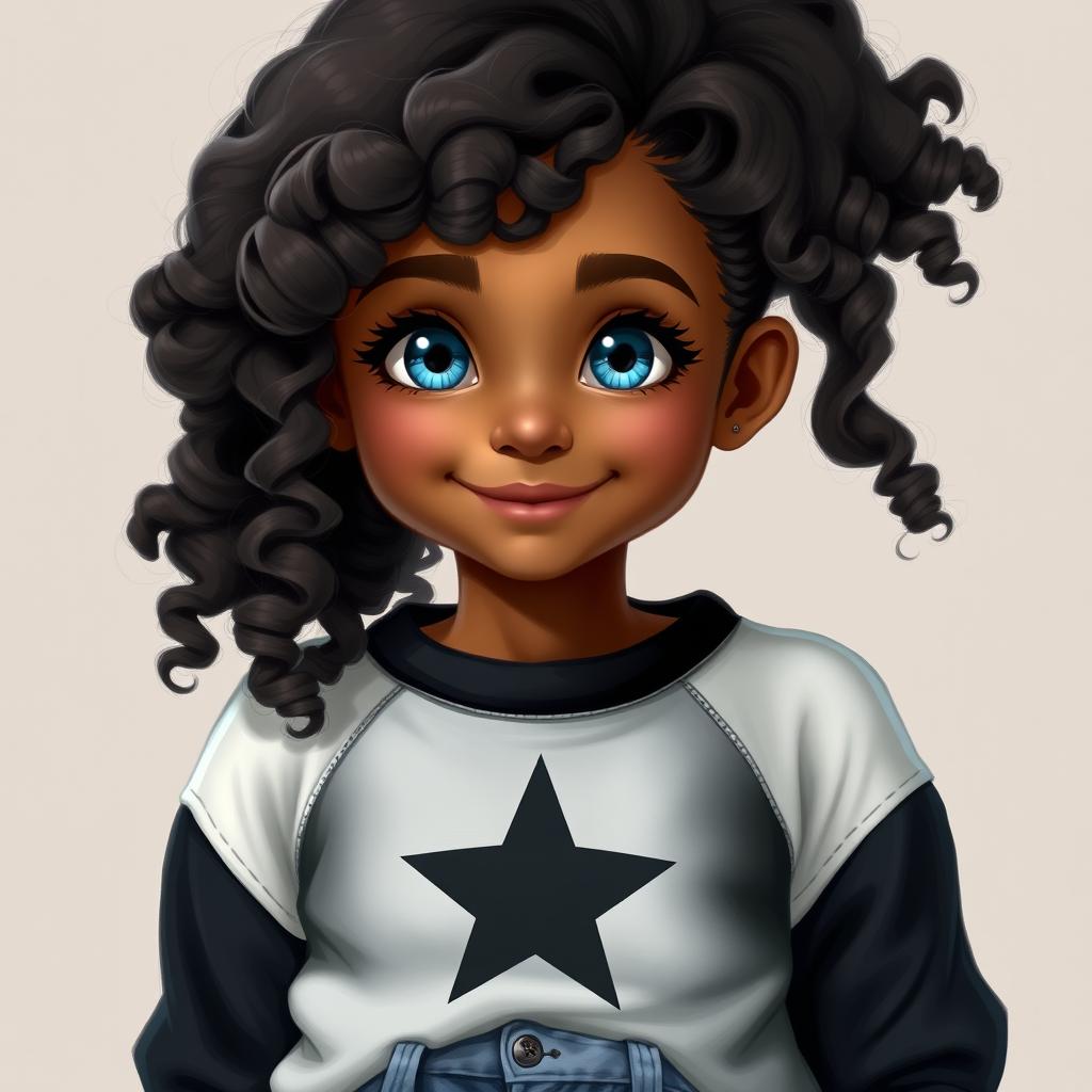 A realistic depiction of a girl with blue eyes and curly hair, brown skin, wearing a black and white top with a star and denim shorts