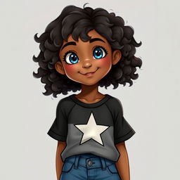 A realistic depiction of a girl with blue eyes and curly hair, brown skin, wearing a black and white top with a star and denim shorts