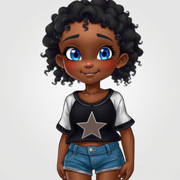 A realistic depiction of a girl with blue eyes and curly hair, brown skin, wearing a black and white top with a star and denim shorts