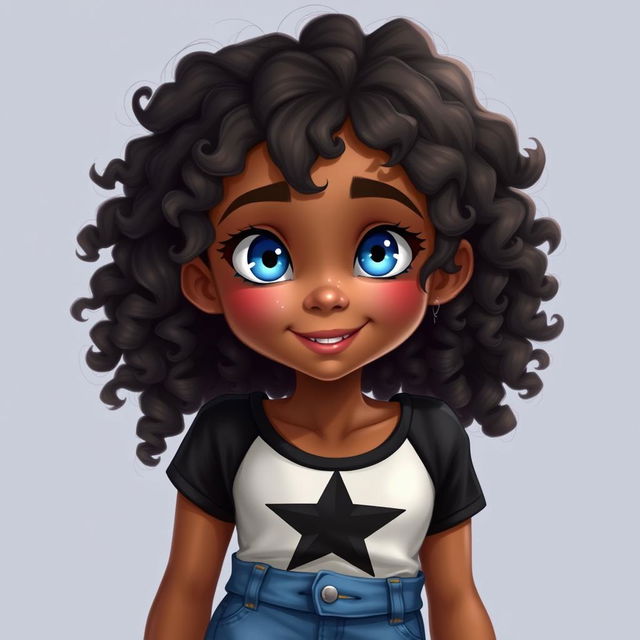 A realistic depiction of a girl with blue eyes and curly hair, brown skin, wearing a black and white top with a star and denim shorts