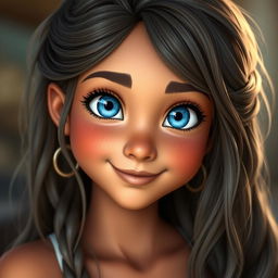 A girl with blue eyes and hair like Moana's, featuring tanned skin