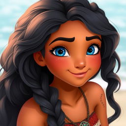 A girl with blue eyes and hair like Moana's, featuring tanned skin