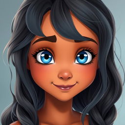 A girl with blue eyes and hair like Moana's, featuring tanned skin