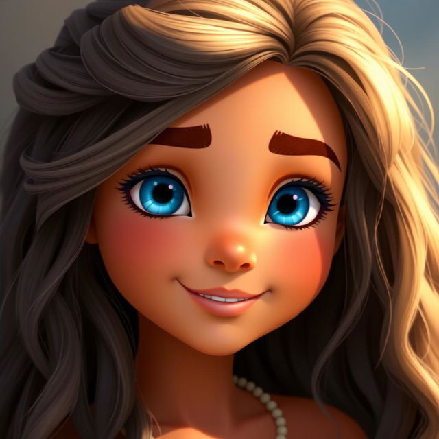 A girl with blue eyes and hair like Moana's, featuring tanned skin