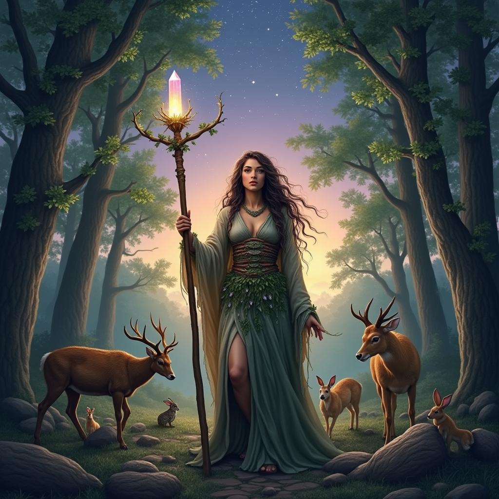 Image of a female druid star in an ancient forest, adorned in natural robes, holding a glowing staff, surrounded by woodland creatures under a twilight sky