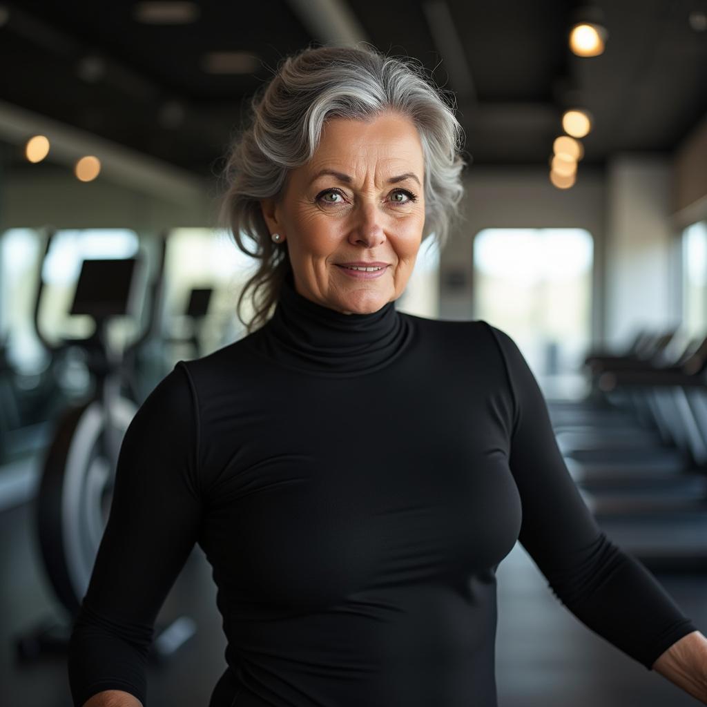 Uma mulher idosa, magra, em um centro de ginástica usando um maiô preto, cercada por equipamentos de fitness em um ginásio moderno