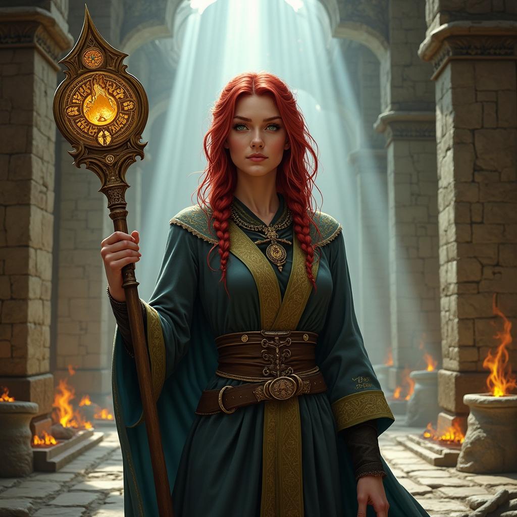 A female Tiefling cleric with light red skin, silver eyes, and mid-back length red hair with black highlights, braided