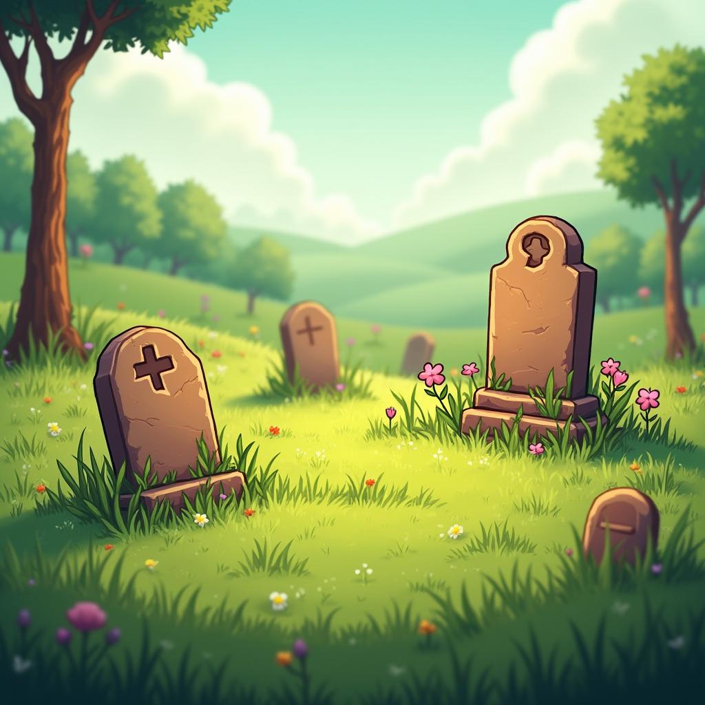 A serene graveyard scene in the style of Stardew Valley, featuring unique gravestones, flowers, and a peaceful, rustic atmosphere