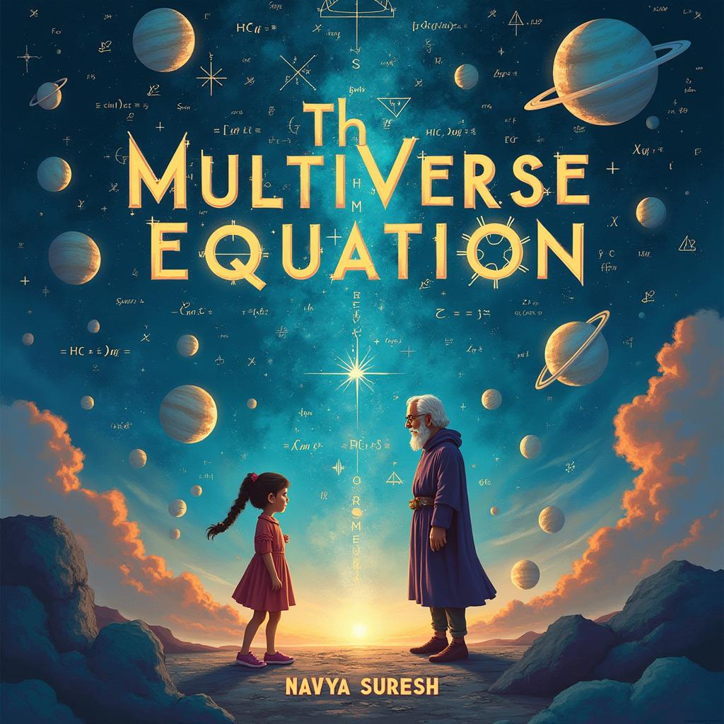 Cover page for 'The Multiverse Equation' by Navya Suresh featuring a mathematical world with equations, planets, a young girl, and a 50-year-old mathematician in a magician's robe