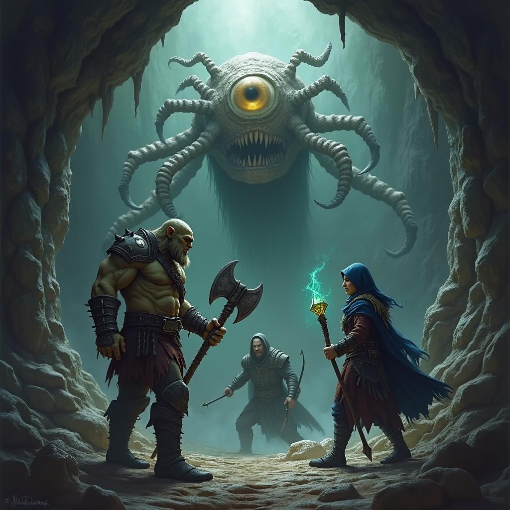 A dark cave with a menacing Death Tyrant and three adventurers: an Orc Warrior, a Human Mage, and an Elven Ranger, preparing for battle