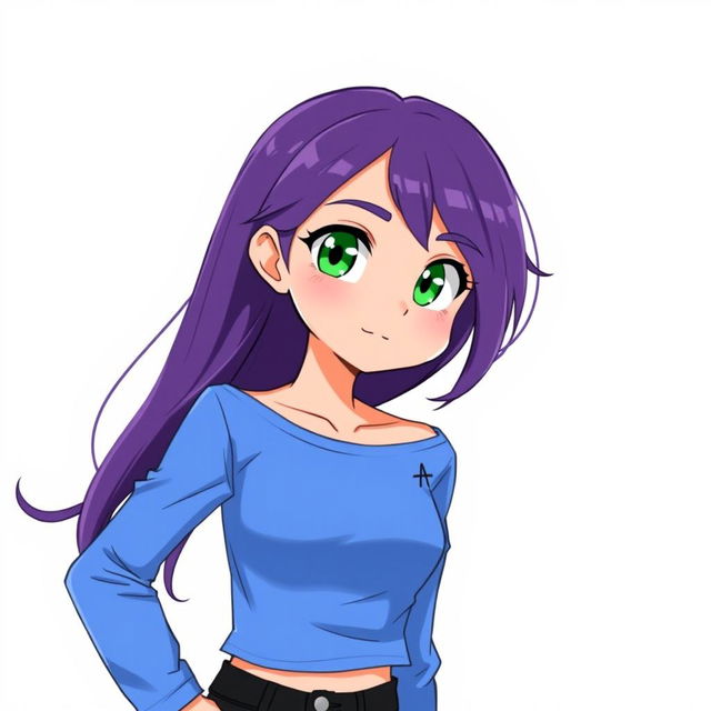 A girl with green eyes and purple hair, wearing a blue cropped long-sleeve top and black jeans