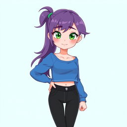 A girl with green eyes and purple hair, wearing a blue cropped long-sleeve top and black jeans