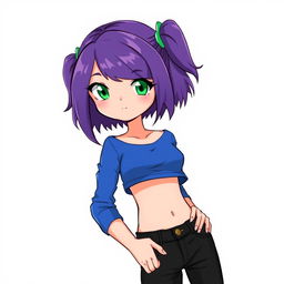 A girl with green eyes and purple hair, wearing a blue cropped long-sleeve top and black jeans