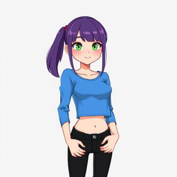 A girl with green eyes and purple hair, wearing a blue cropped long-sleeve top and black jeans