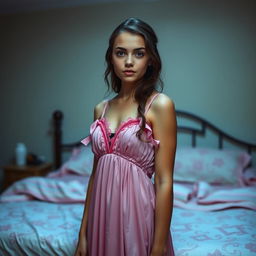 A teenage girl, around 16 years old, wearing a pink nightgown