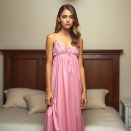 A teenage girl, around 16 years old, wearing a pink nightgown