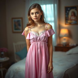 A teenage girl, around 16 years old, wearing a pink nightgown