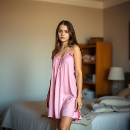 A teenage girl, around 16 years old, wearing a short pink nightgown