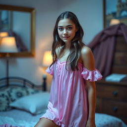 A teenage girl, around 16 years old, wearing a short pink nightgown