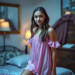 A teenage girl, around 16 years old, wearing a short pink nightgown