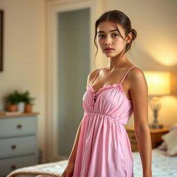 A teenage girl, around 16 years old, wearing a short pink nightgown