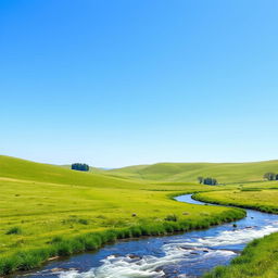 A serene landscape featuring a clear blue sky, lush green meadows, and a sparkling river flowing through