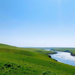 A serene landscape featuring a clear blue sky, lush green meadows, and a sparkling river flowing through