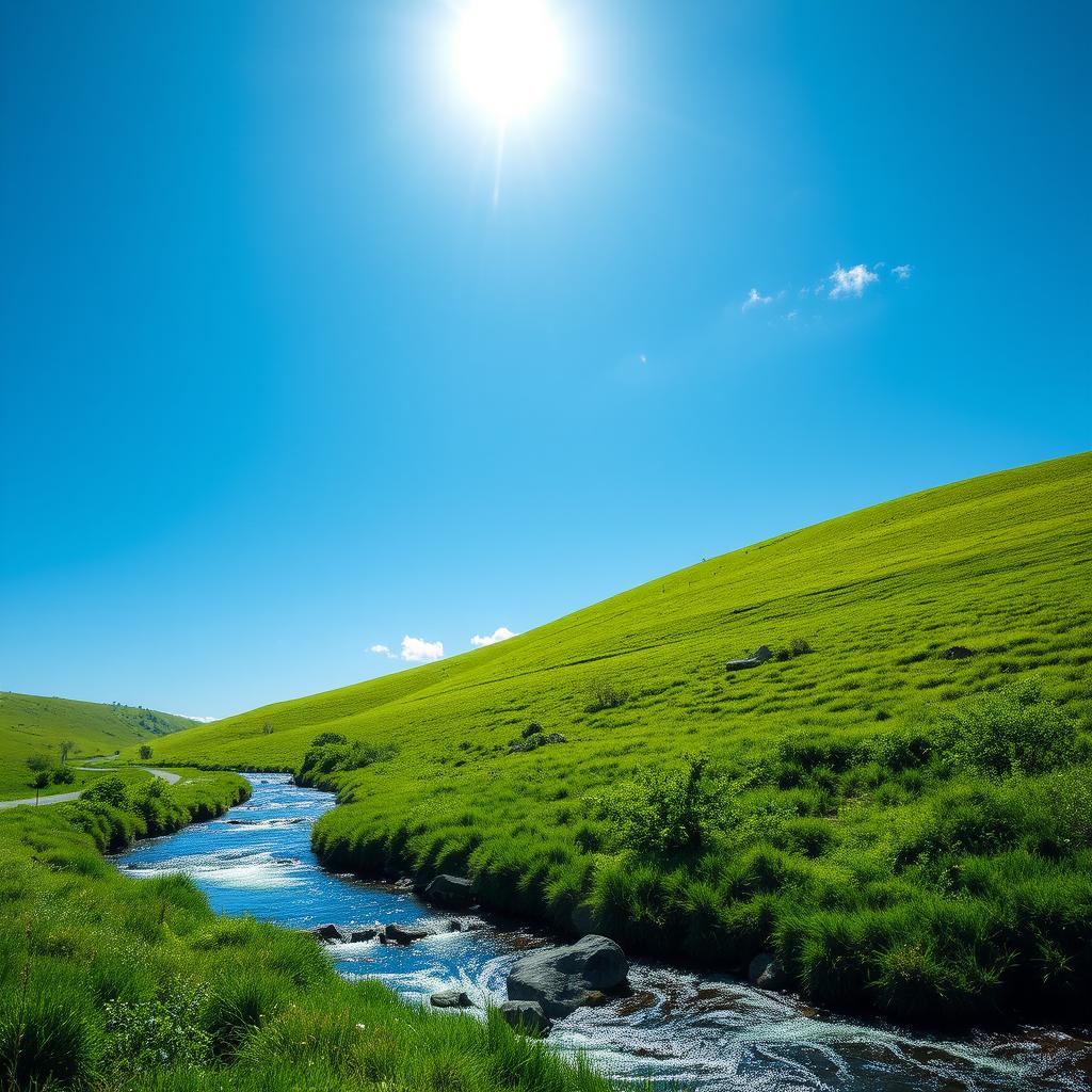 A serene landscape featuring a clear blue sky, lush green meadows, and a sparkling river flowing through