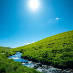 A serene landscape featuring a clear blue sky, lush green meadows, and a sparkling river flowing through