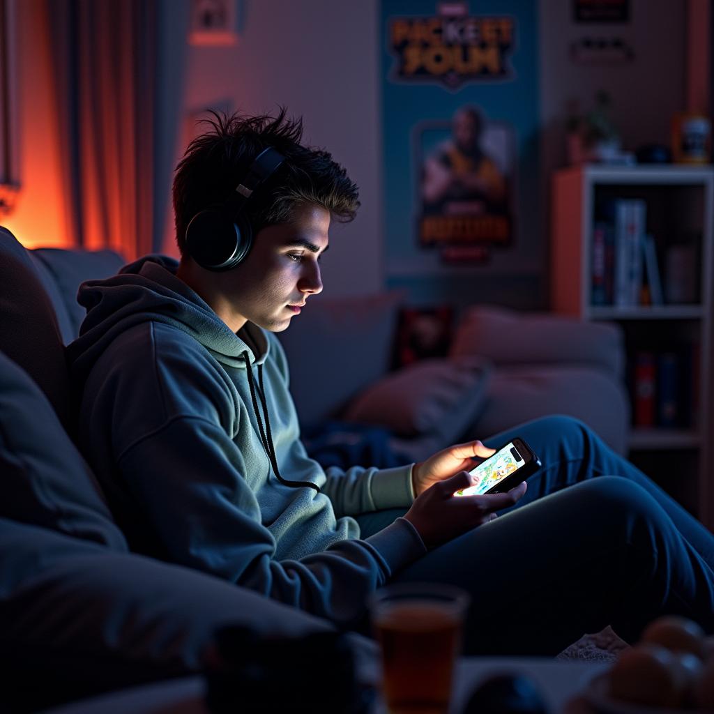 A person playing Free Fire on their mobile phone in a cozy, dimly lit room with gaming accessories and a relaxed atmosphere.