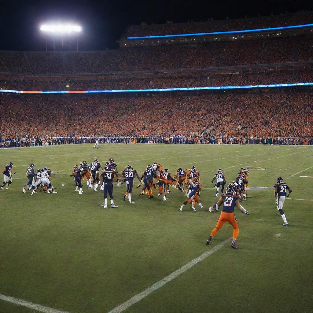 A dynamic scene featuring the Denver Broncos football team playing on their home field with the team’s fiery orange and blue uniforms vividly illuminated under the stadium lights.