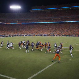 A dynamic scene featuring the Denver Broncos football team playing on their home field with the team’s fiery orange and blue uniforms vividly illuminated under the stadium lights.