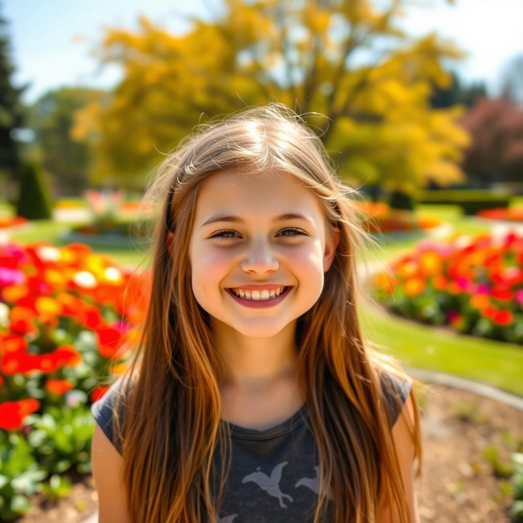 Create a photo of a cheerful girl with a bright smile, standing in a scenic park with colorful flowers in the background