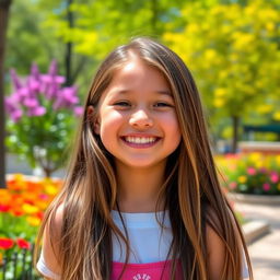 Create a photo of a cheerful girl with a bright smile, standing in a scenic park with colorful flowers in the background