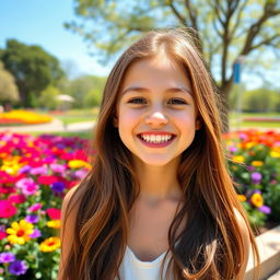 Create a photo of a cheerful girl with a bright smile, standing in a scenic park with colorful flowers in the background