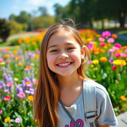 Create a photo of a cheerful girl with a bright smile, standing in a scenic park with colorful flowers in the background