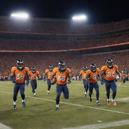 A dynamic scene featuring the Denver Broncos football team playing on their home field with the team’s fiery orange and blue uniforms vividly illuminated under the stadium lights.