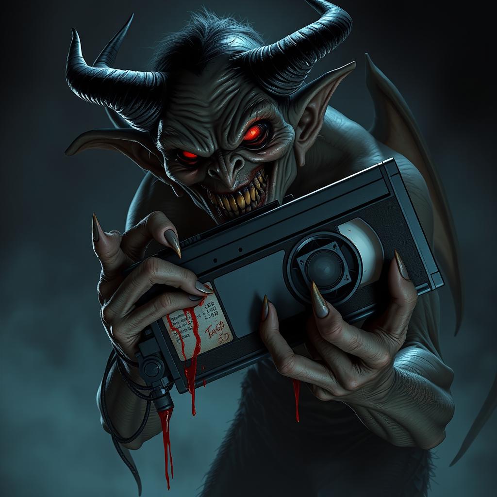 A menacing demon holding a VHS camera, with blood dripping from its claws