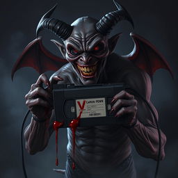 A menacing demon holding a VHS camera, with blood dripping from its claws