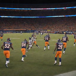 A dynamic scene featuring the Denver Broncos football team playing on their home field with the team’s fiery orange and blue uniforms vividly illuminated under the stadium lights.